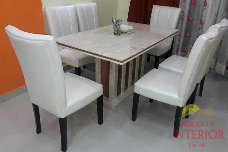 Dining table, marble top & laminates finish with fabric finish chars